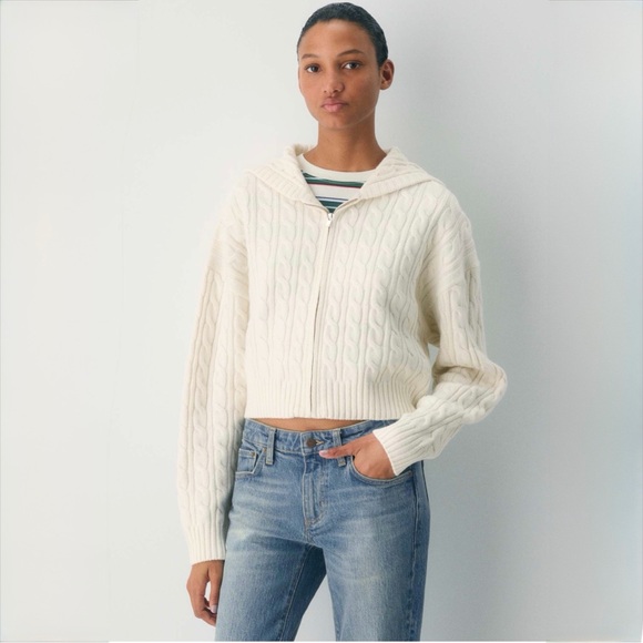 Sunday Best Sweaters - Sunday Best Octavia Cropped Cable Knit Zip Hoodie Cream Merino Wool Shrunk S